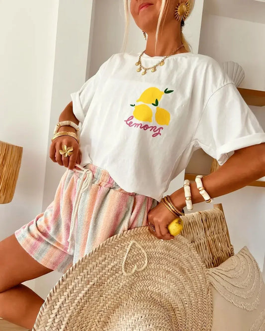 New Lemon Pattern American Women's T-shirt Casual and Fashionable Ins Street Wear Gothic Cotton Oversized Y2k Couple Top