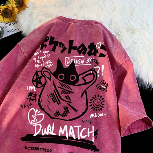 Women Cartoon T-Shirt Vintage Summer Harajuku Kawaii Cat Print Short Sleeve Tees Couple Streetwear Loose Clothes Cotton Tops