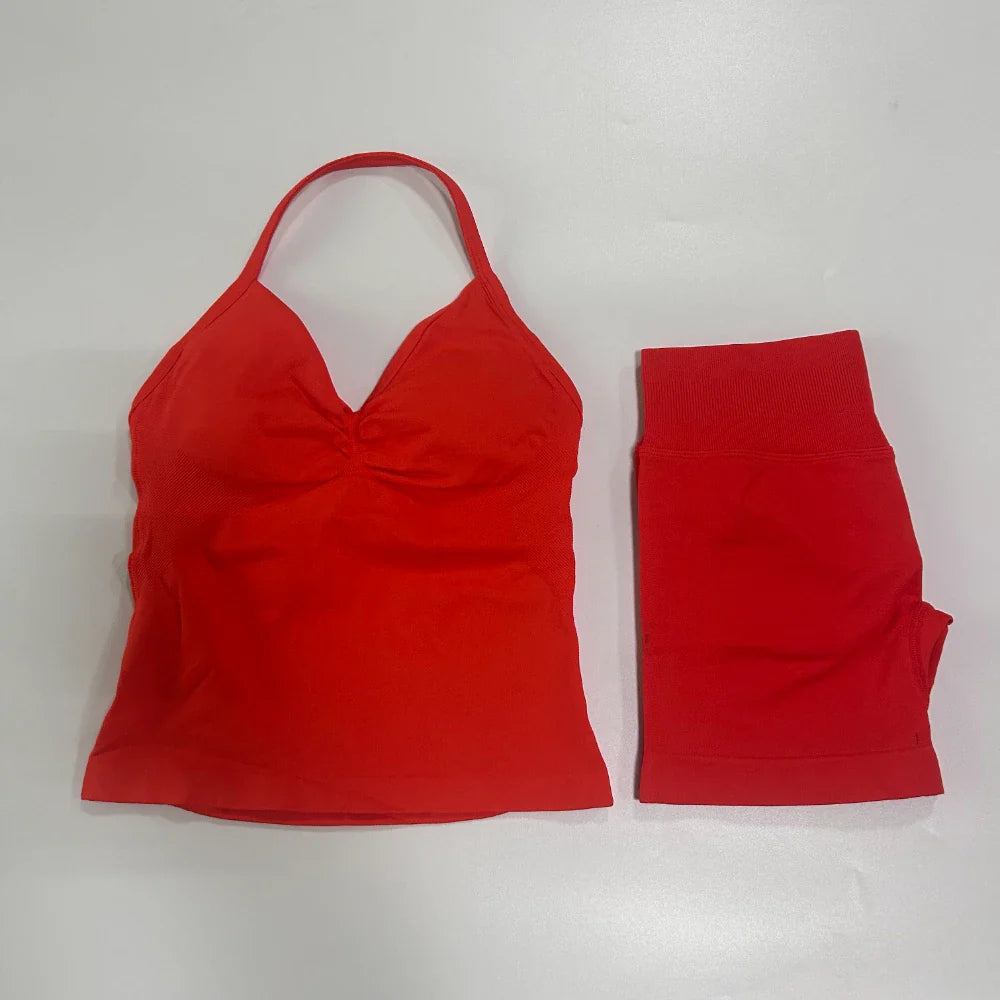 No Logo 2 Pieces Sports Set Workout Clothes Shorts Sets Gym Strappy Top Scrunch Shorts Yoga Clothing Gym Set