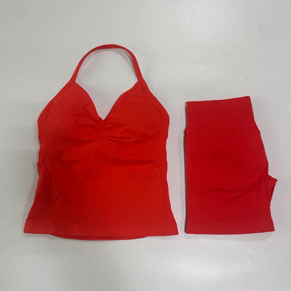 No Logo 2 Pieces Sports Set Workout Clothes Shorts Sets Gym Strappy Top Scrunch Shorts Yoga Clothing Gym Set