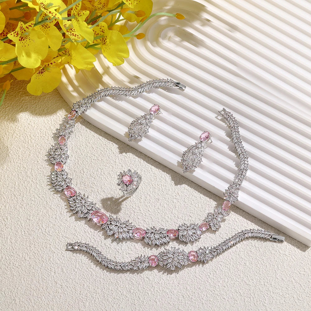 2025 Novo Conjunto de Joias Femininas para Festa de 4 Peças com Zircônia para Noiva, Conjunto de Colar de Casamento de Cristal de Luxo Dubai Nigéria CZ