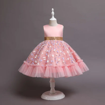 New Baby Kids Girls Elegant Printed Butterfly Flower Princess Party Tutu Dresses Children Sequins Wedding Evening Girl Clothes