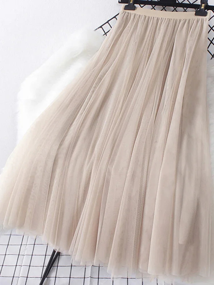 New large hem chiffon long skirt for women's Korean casual simple solid color three-layer A-line high waisted long skirt