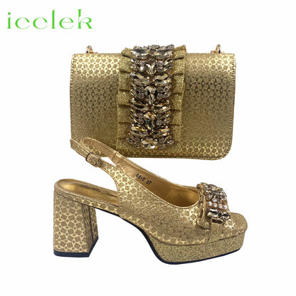 Magenta Italian Latest Styles Women Shoes and Bag Set Comfortable Elegant High Heels Sandals With Decorate Rhinestone