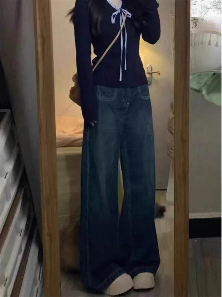 High Waist Wide Leg Loose Straight Deep Blue Denim Pants