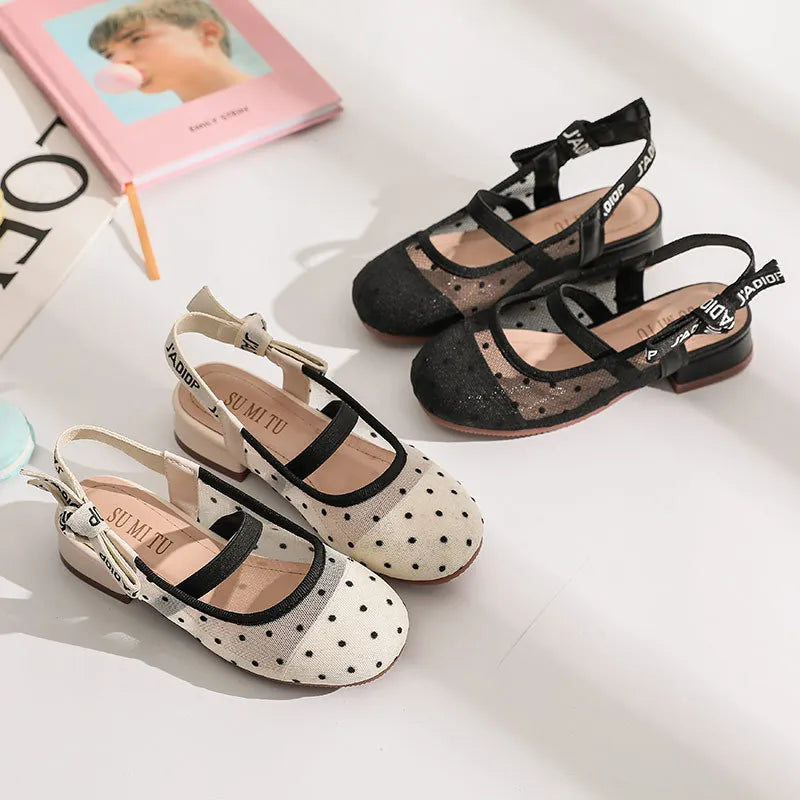 Mesh Black White Polka Dot Shoes Sandals for Girls with Heels Mules Sling Back Shoes for Girls Luxury Shoes for Girls To Dress