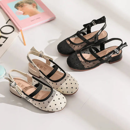 Mesh Black White Polka Dot Shoes Sandals for Girls with Heels Mules Sling Back Shoes for Girls Luxury Shoes for Girls To Dress