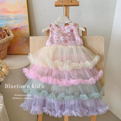 Vestido Regata para Meninas Verão 2025 Novo Vestido Elegante de Malha com Babados para Meninas Vestido Princesa Roupa Infantil de Fada