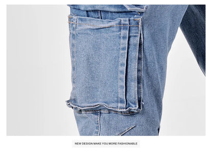 Men's Street Style Elastic Waist Denim Cargo Pants Solid Color Washed Slim Fit Casual Jeans with Multiple Pockets for Daily Wear