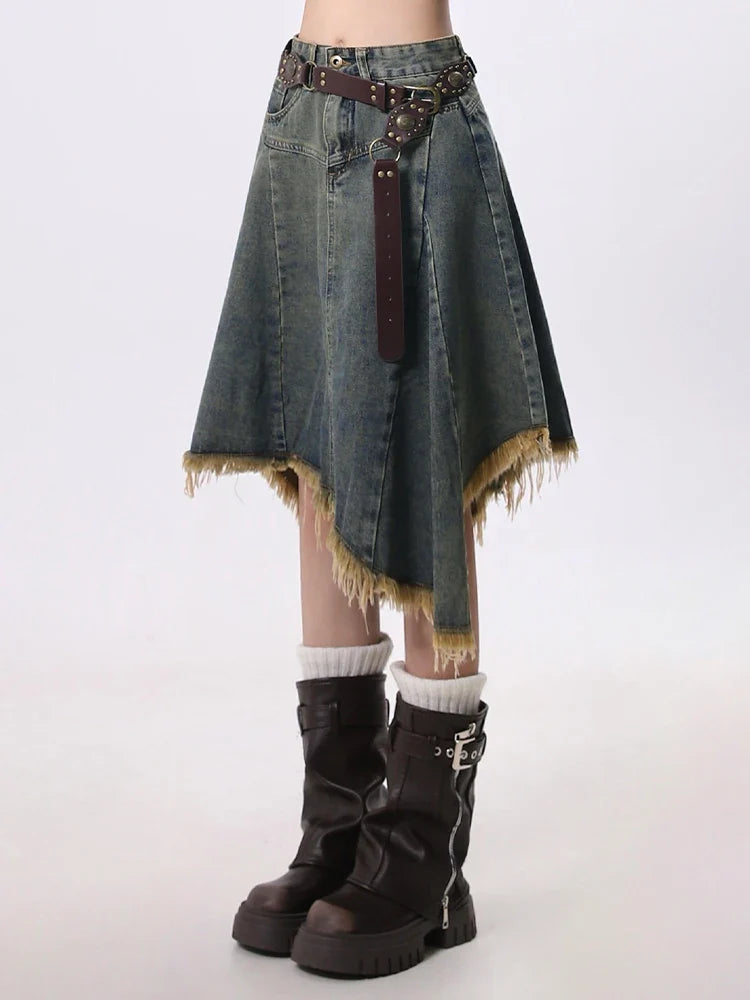 Summer Women Japanese Midi Skirt Denim Irregular Skirt A-line 2000s Abi Y2k Korean Shoujo E-girl Gyaru Tassels Skirt Cyber Punk