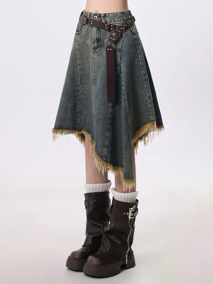 Summer Women Japanese Midi Skirt Denim Irregular Skirt A-line 2000s Abi Y2k Korean Shoujo E-girl Gyaru Tassels Skirt Cyber Punk
