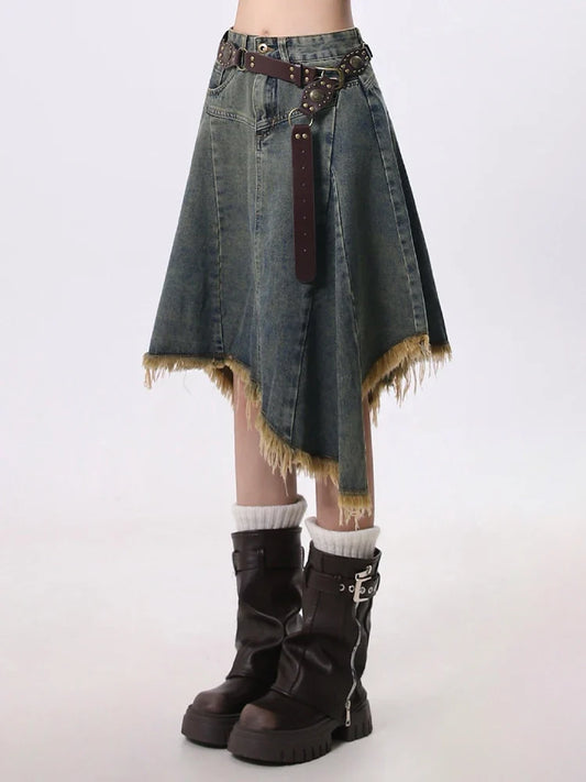 Summer Women Japanese Midi Skirt Denim Irregular Skirt A-line 2000s Abi Y2k Korean Shoujo E-girl Gyaru Tassels Skirt Cyber Punk