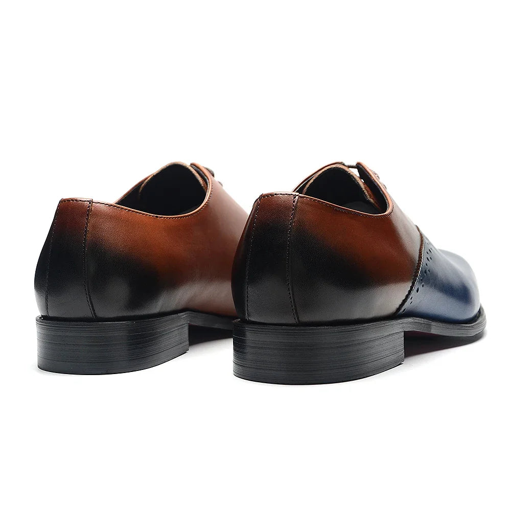 High Quality Men's Genuine Leather Wedding Dress Shoes Pointed Toe Lace-Up Formal Oxfords in Brown/Blue for Party Dinner