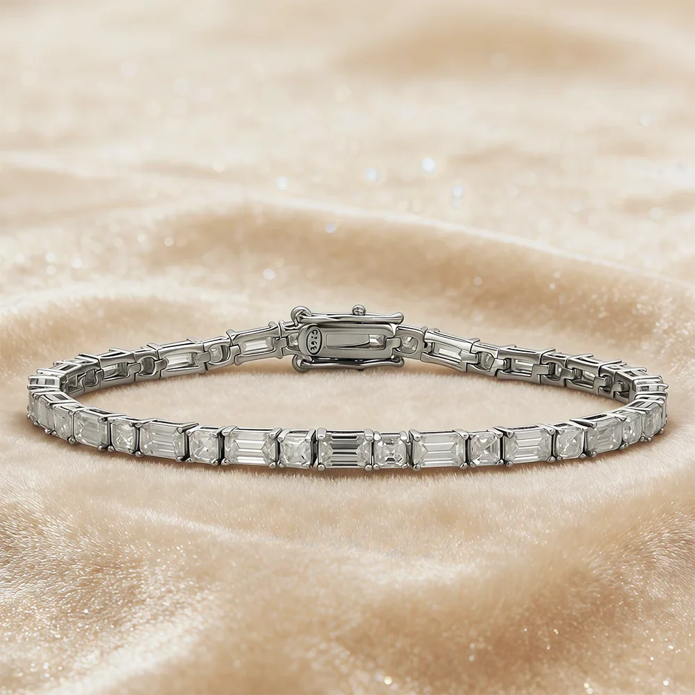 Asscher/Emerald Cut All Moissanite Diamond Tennis Bracelets for Women Men S925 Silver Plated 18k Gold Squre/RectangleWrist Chain