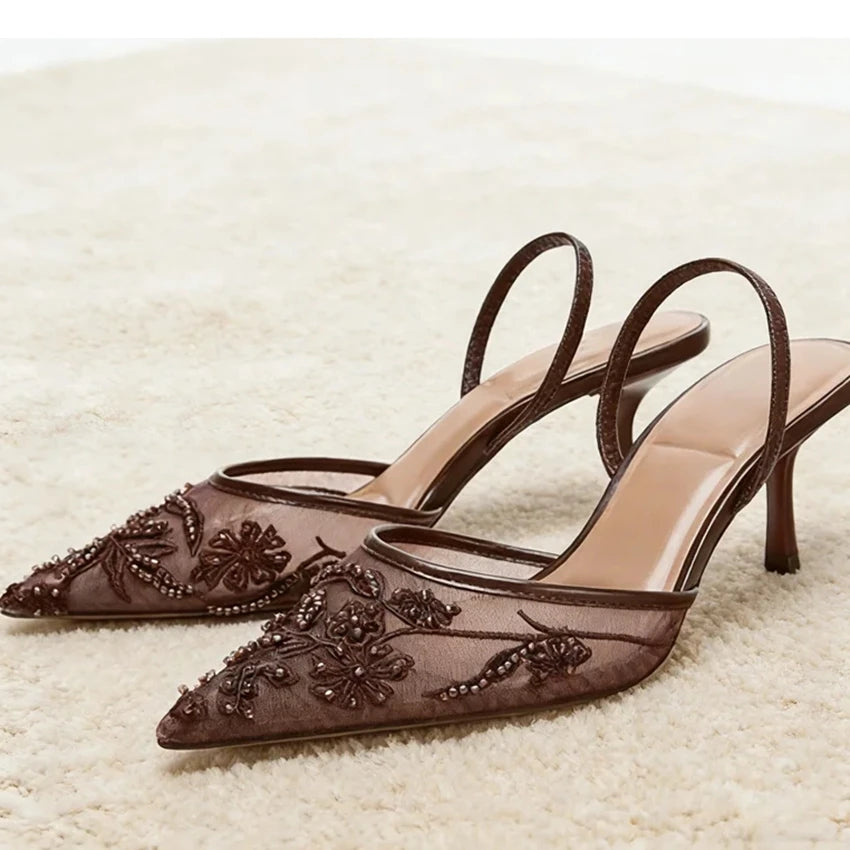 Summer Pointed Toe Mesh Embroider High Heels for ladies Elegant String Bead pumps Sexy Luxury Designer Shoe Brown Heeled Sandals