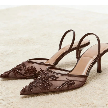 Summer Pointed Toe Mesh Embroider High Heels for ladies Elegant String Bead pumps Sexy Luxury Designer Shoe Brown Heeled Sandals