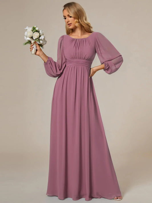 Women's Crewneck Lantern Sleeves Bridesmaid Dresses For Wedding Flowy A-Line Pleated Floor Length Chiffon Formal Evening Dresses