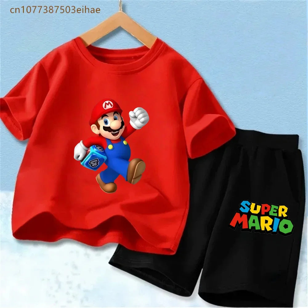 Kids Mario Graphic Short Sleeve T Shirt And Shorts Set Lightweight Summer Sport Costume Boys Girls Casual Home Outdoor Clothes
