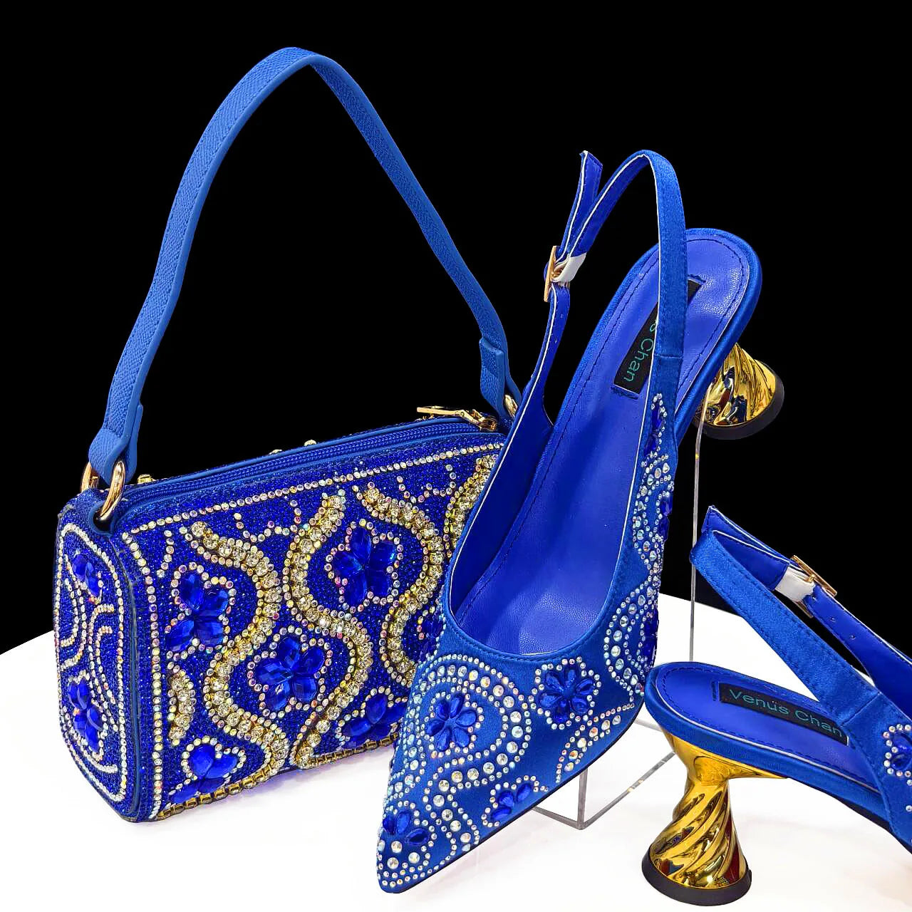 2024 Summer New Design Specials Italian Women Shoes and Bag Set in Royal Green Color Comfortable Heels With Rhinestone for Party