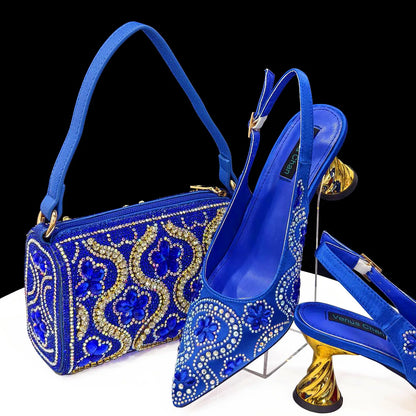 2024 Summer New Design Specials Italian Women Shoes and Bag Set in Royal Green Color Comfortable Heels With Rhinestone for Party