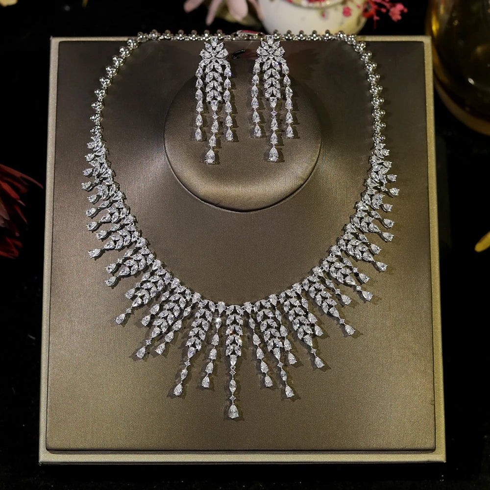 New CZ Design African Bridal Jewelry Set Fashion Leaf Shape Fringe Zircon Necklace 2-piece Set Women's Wedding Party Accessories