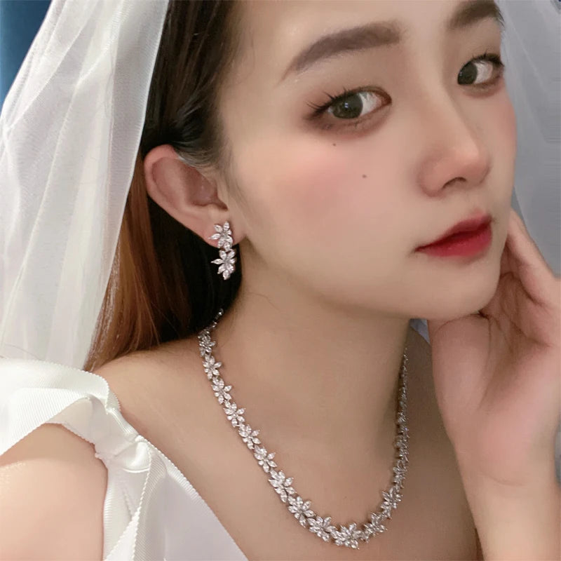 Marquise Floral Cubic Zirconia CZ Crystal Necklace and Earring Wedding Bridal Jewelry Sets