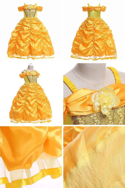 Girl Princess Dress Beauty And Beast Cosplay Costume Belle Praty Yellow Luxury Wedding Ball Gown Kid Carvinal Fancy Clothes