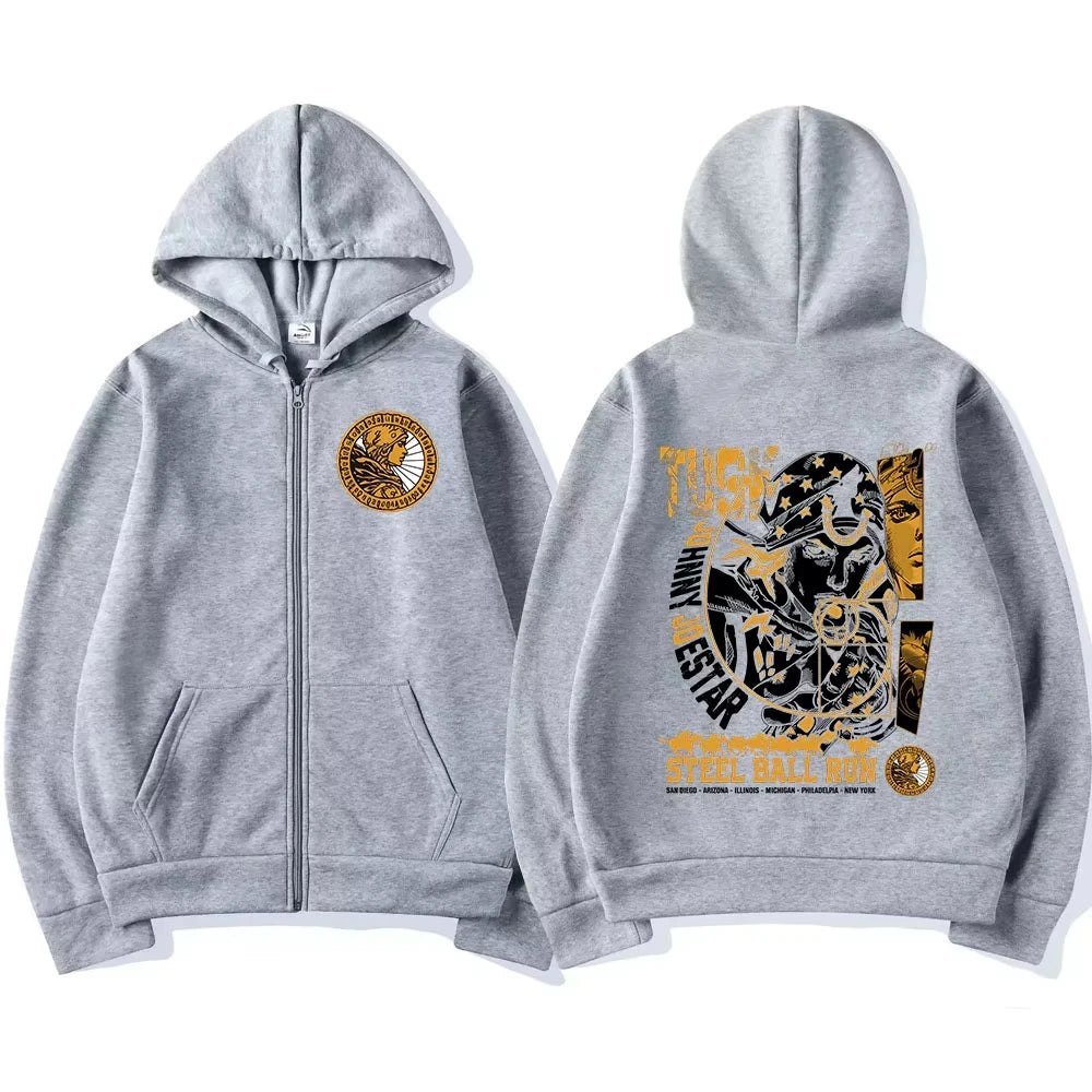 Anime Jojo Bizarre Adventure Zipper Hoodies Johnny Joestar STEEL BALL RUN Manga Zip Up Sweatshirts Men Fashion Pullovers Coats