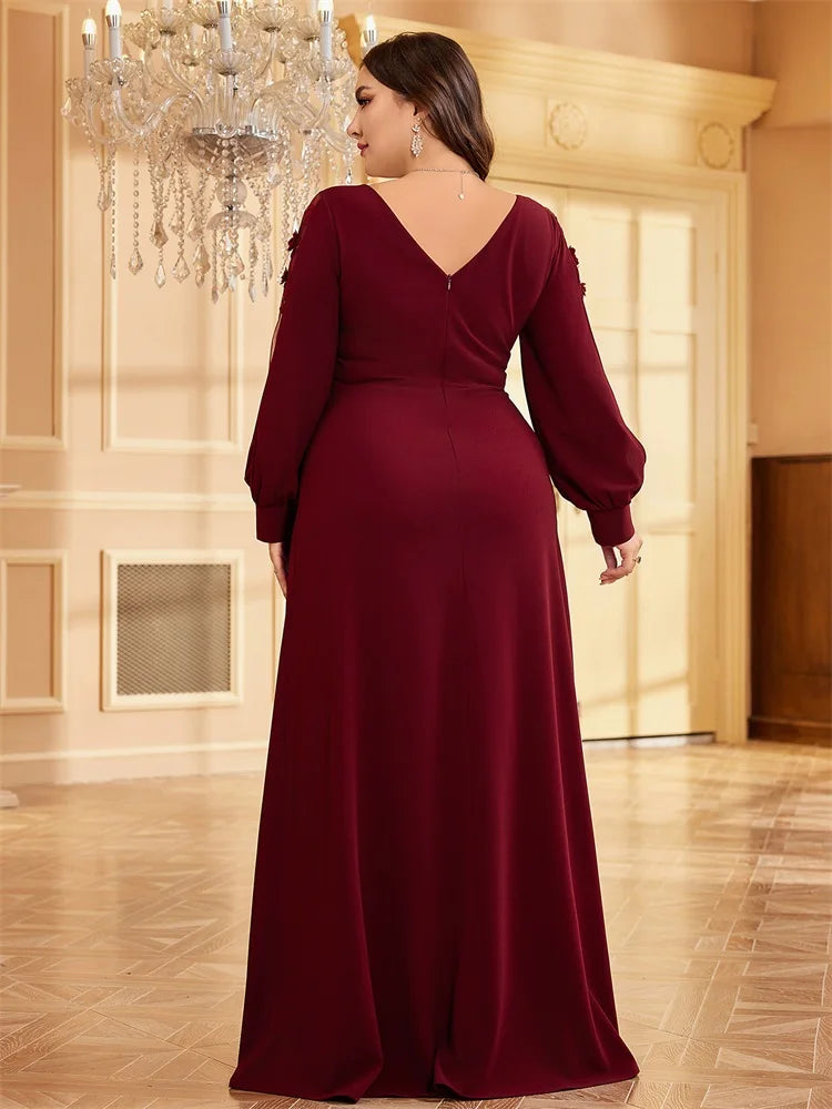Plus Size Luxury V-Neck Red Long Sleeves Applique Formal Evening Dresses Women V-back Wedding Party Maxi Guest Gowns