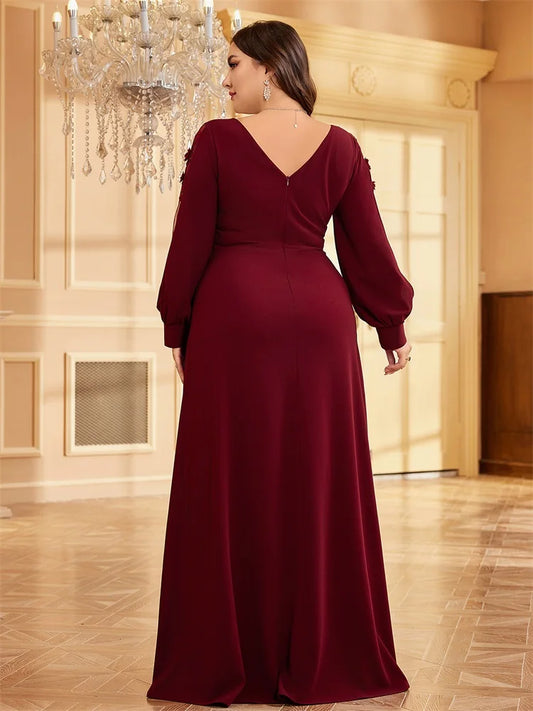 Plus Size Luxury V-Neck Red Long Sleeves Applique Formal Evening Dresses Women V-back Wedding Party Maxi Guest Gowns