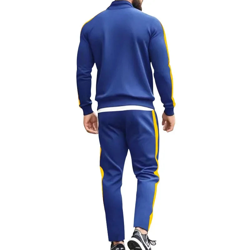 2025 Spring Autumn Men's 2-Piece Set Color Blocking Zipper Stand Collar Casual Sports Jacket Sweatshirt Trousers Suit