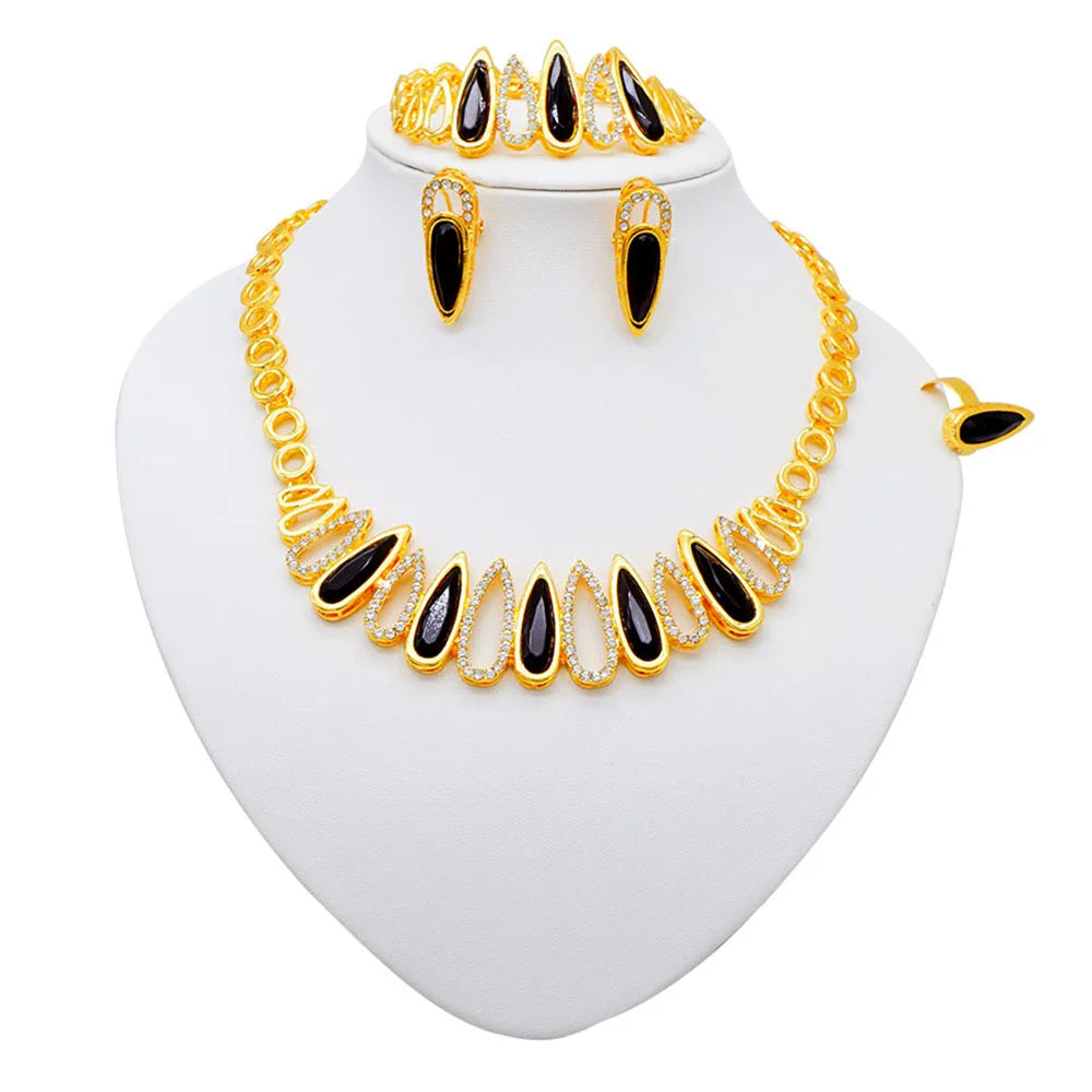 Women Gold Color Jewelry Sets Blue Pendant Necklace Earrings Bracelet Ring Sets Party Gifts