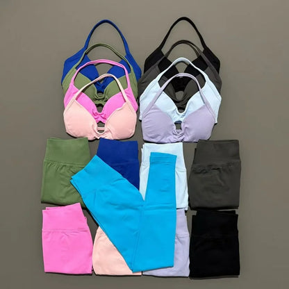 2 Piece Sports Set Women Yoga Backless Halter Bra High Waist Scrunch Seamless Pants Sport Suit Gym Sportswear Workout Set