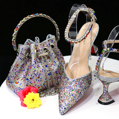 Italian Design Luxury Women's Pointed Shoes And Bag Set Blue Full Diamond Decoration Shoes for Party