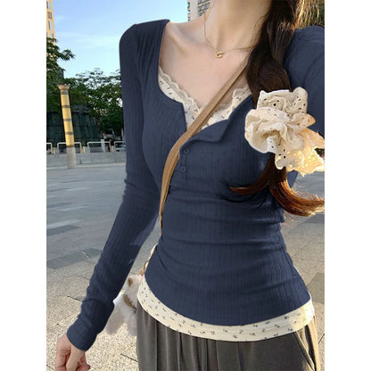 2026 Women's Fashion Trend Solid Color Sexy Lace Jacquard Two-Piece Long-Sleeve T-Shirt Y2K Slim Fit Sweet & Spicy Girl Shirt