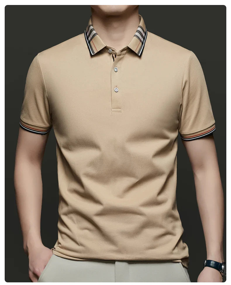 Fashion brand luxury short sleeve polo shirt men summer quality silky cotton breathable business casual striped collar T-shirt