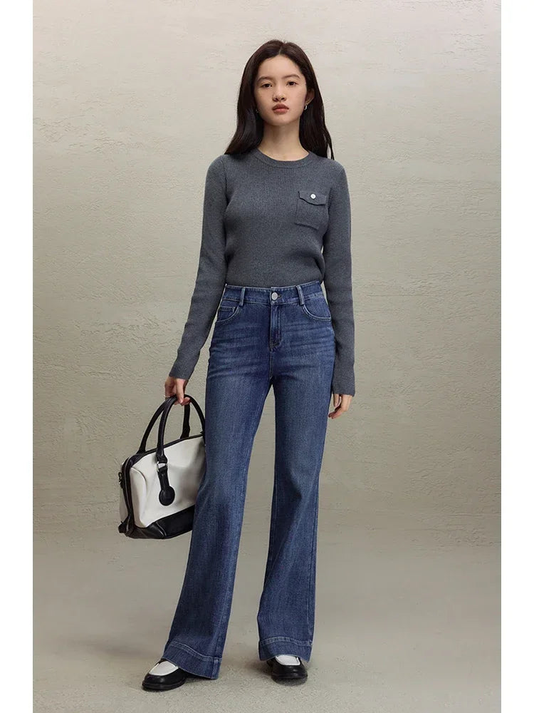 Retro Style High-waisted Black Bootcut Jeans for Women 2023 Autumn Winter New High Street Tall Slim Long Pants for Female