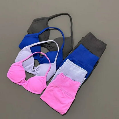 2 Piece Sports Set Women Yoga Backless Halter Bra High Waist Scrunch Seamless Pants Sport Suit Gym Sportswear Workout Set