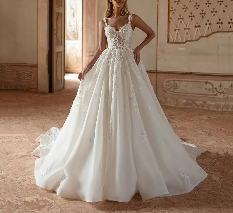 Lace Applique Sexy A-line Spaghetti Strap Tulle Wedding Dress Backless Bridal Gowns vestidos de novia Customized 2025