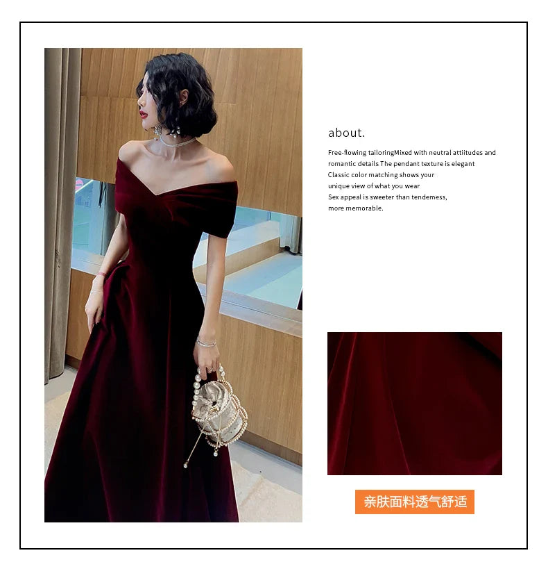Spring Long Luxury Elegant Wine Red Soft Velvet Evening Party Wedding Dresses for Women 2022 Off Shoulder Maxi Dress