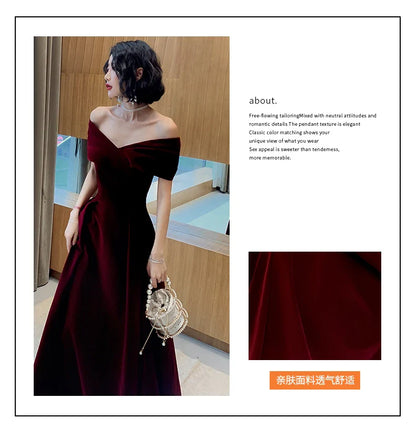 Spring Long Luxury Elegant Wine Red Soft Velvet Evening Party Wedding Dresses for Women 2022 Off Shoulder Maxi Dress