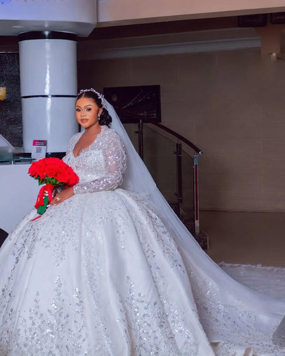 Customized Luxury Plus Size Ball Gowns Lace Sequined Wedding Dress Long Sleeve Bridal Dress Beaded vestidos de novia