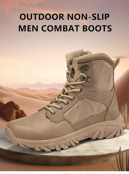 Brand High-Top Leather Men's Boots Breathable Desert Combat Men Work Ankle Outdoor Non-slip Hiking Boots Men's Motorcycle Boots