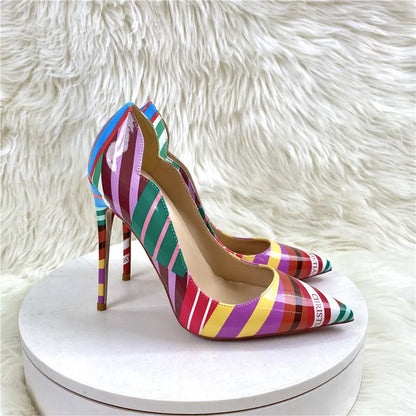 Colorful Striped High heels Fashion Cutting Pointed Shallow Party Shoes For Woman 8CM 10CM 12CM Women Pumps Large Size 44 45 46