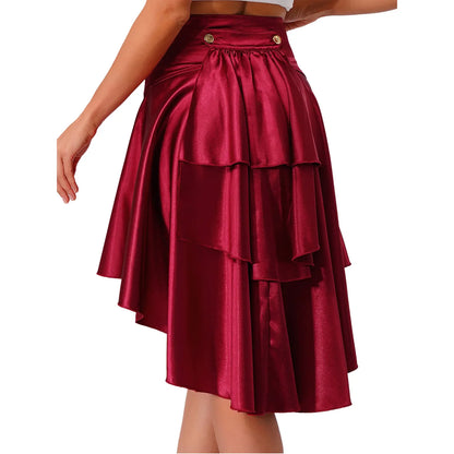 Womens Gothic Steampunk Satiny Pirate Skirt Front Lace-up Tiered Ruffled Irregular Hem Skirt Waist Belt Vintage Medieval Costume