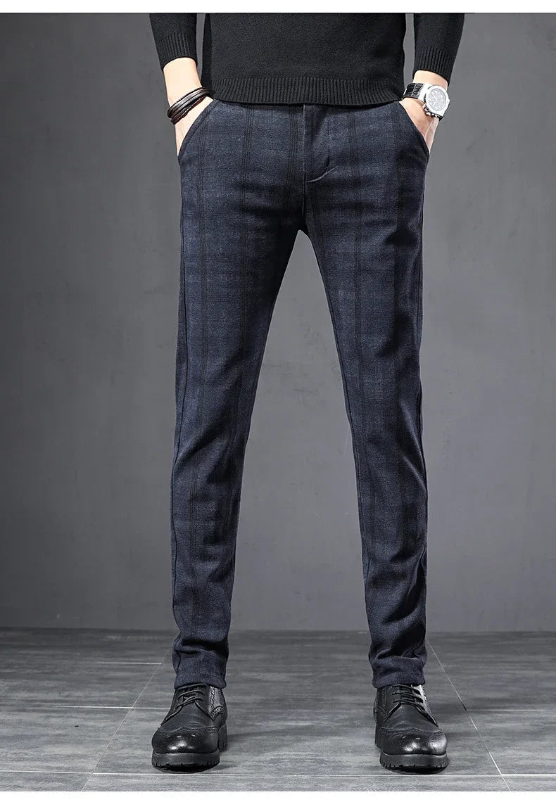 Autumn Men's Brushed Plaid Casual Pants Korean Style Gray Elastic Straight Slim Fit Fashionable Work Pants Blue and Black Male