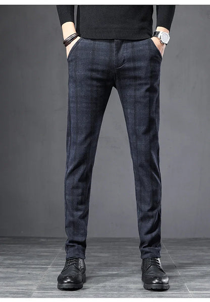 Autumn Men's Brushed Plaid Casual Pants Korean Style Gray Elastic Straight Slim Fit Fashionable Work Pants Blue and Black Male