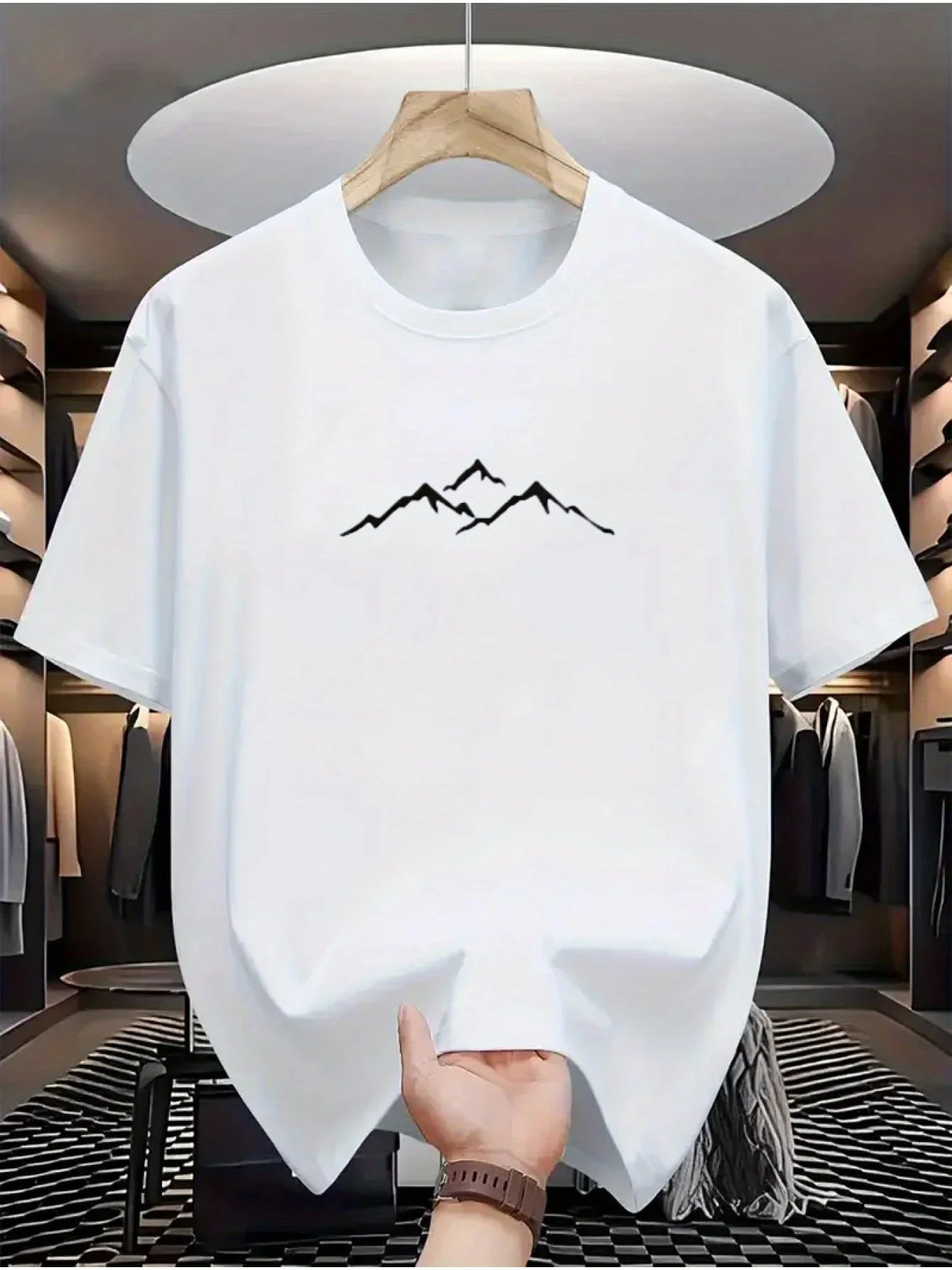 Men's summer 100% pure cotton fashionable casual loose sports mountain pattern printed round neck short sleeved T-shirt top