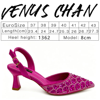 2026 INS Italian Design Elegant Fuchsia Rhinestone Pointed Toe High Heels with Matching Handbag Set - Perfect for Weddings