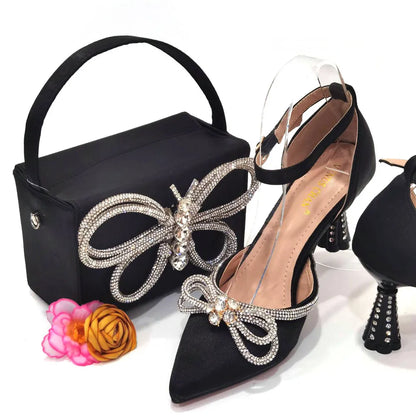 Ladies Pointed-Toe Party High Heels Magenta Colour Bow Rhinestone Stereo Bag Evening  African Wedding Shoe And Bag Set
